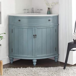 סלון גלריה סלון קומה 24in כחול פינה צורה עץ מלא + mdf חדר אמבטיה מסורתי ארון קרמיקה לבן הבלים העליון - Product Image 4