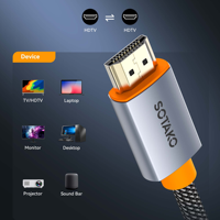 Câble HDMI 2.1 SOTAKO 8K60Hz haute vitesse plaqué or en alliage d'aluminium tressé mâle-mâle pour TV, console de jeu, moniteur, lecteur DVD