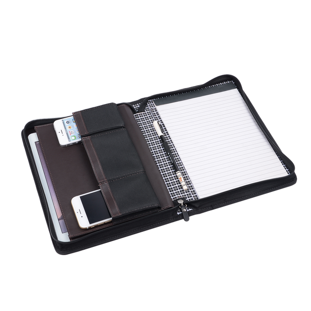 Multifunctional PU Leather  Portfolio Padfoilo with Zippered Closure A5 Writing Pad Organizer Interior Pocket for Phone Tablet