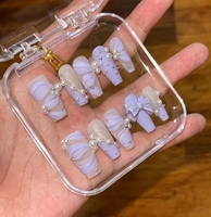 Nouvelles capsules d'ongles en acrylique 3D personnalisables, couvrantes, de luxe, forme amande, avec colle, motif floral marbré violet scintillant pour femmes
