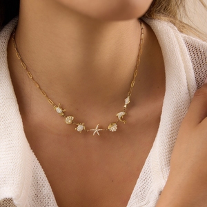 Collana con ciondoli nautici J&<span class=keywords><strong>D</strong></span> Jewelry in acciaio inossidabile placcato oro 18K, con strass, granchio, stella marina, delfino, gioielli a tema vita marina per resort - Product Image 3