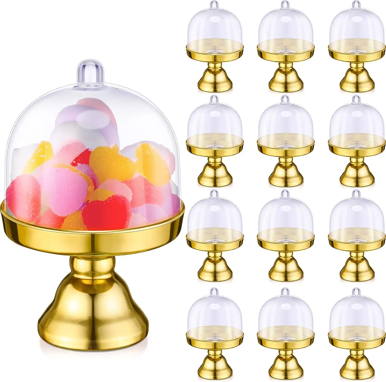 Suporte de plástico para cupcake e doces, recipiente com cúpula para cupcake e chocolate, placa de exibição com cúpula para festas, 12 unidades
