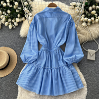 Robe chemise rayée à manches longues pour femmes, décor en strass, taille élastique, ourlet à volants, robe courte pour le printemps et l'été, tenue décontractée quotidienne