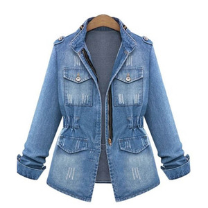 Nouvelle veste en jean coréenne automne-hiver 5XL pour femmes, veste longue ajustée, veste en jean décontractée bleu <span class=keywords><strong>marine</strong></span> effilochée pour femmes - Product Image 1