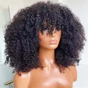 Wig keriting ikal Afro dengan poni Non renda warna alami Wig rambut manusia Virgin grosir Wig Bob pendek murah