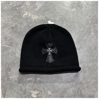 Bonnet unisexe en tricot bouclé avec nœuds jacquard à pois, étiquette en cuir croisé, bouton, chaud, en coton et élasthanne, pour l'automne et l'hiver, idéal pour l'extérieur