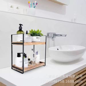 Estante de almacenamiento de doble capa de madera y hierro, tipo rectangular, para baño, cocina, organizador de cosméticos - Product Image 1