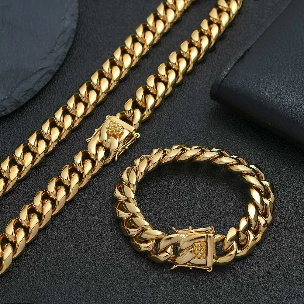 Men Stainless Steel Bracelet 18K Gold Plated Miami Cuban Link Charm Bracelet For Men Pulsera Acero Inoxidable