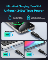 Câble Thunderbolt 5 PD 240W Type C avec USB4 Gen4 80 Gbps pour transfert de données rapide pour ordinateur portable, téléphone, moniteurs 16K, câbles de données de 0,5 m