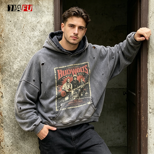 Heavyweight Fleece 500gsm <strong>Men's</strong> Printed Pullover <strong>Hoodie</strong> Distressed Washed Boxy Vintage Streetwear <strong>S</strong>-3XL Bulk Custom Graphic - Product Image 3