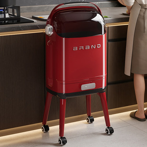 Large Capacity Household Trash Can Cylindrical With Wheels Indoor Kitchen Use White And Red Color - Product Image 4