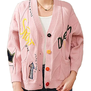 Vente en gros Nouveau pull cardigan pour <span class=keywords><strong>femme</strong></span> à imprimé floral au <span class=keywords><strong>crochet</strong></span> pour la saison d'hiver Haut à la mode avec barre de couleur personnalisée - Product Image 1