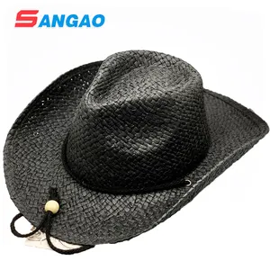 Großhandel schwarze Stroh Cowboy hüte mit Lederband und Leder Schweiß band