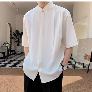 <span class=keywords><strong>Camisa</strong></span> <span class=keywords><strong>blanca</strong></span> con cuello levantado para hombre, camisas <span class=keywords><strong>de</strong></span> <span class=keywords><strong>manga</strong></span> <span class=keywords><strong>corta</strong></span> con <span class=keywords><strong>botones</strong></span> ocultos informales <span class=keywords><strong>de</strong></span> negocios <span class=keywords><strong>de</strong></span> verano - Product Image 1