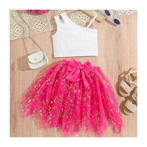 Nouvelles filles vêtements été mignon enfants grande fleur <span class=keywords><strong>gilet</strong></span> étincelle étoiles <span class=keywords><strong>maille</strong></span> couches jupe enfants vêtements en gros - Product Image 5