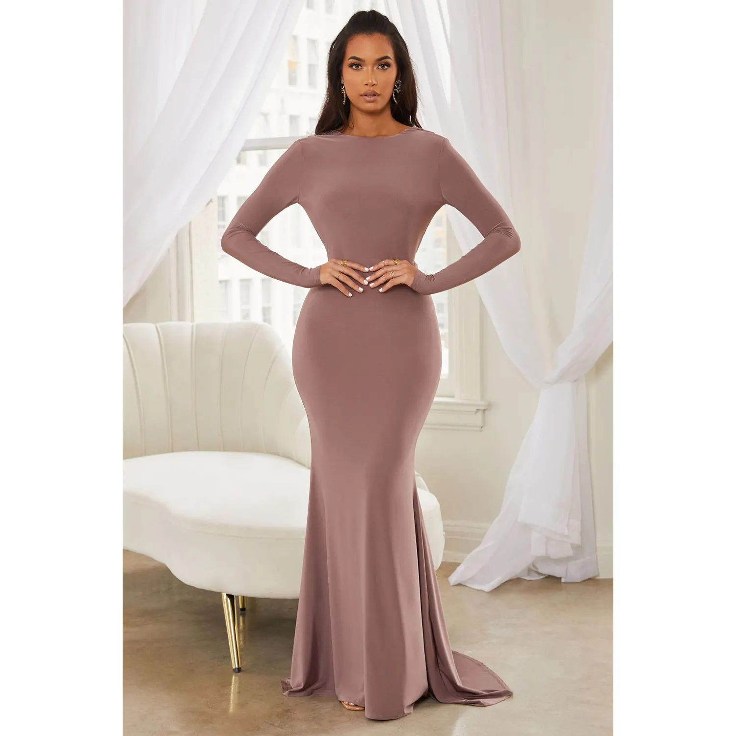 Arabic Muslim Girls Mocha Long Sleeve Fitted Backless Draped Maxi Dresses for Evening Party Full Jersey Natural ODM Adults Solid