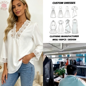 Wholesale Customizable Women V Neck Lace Trim Blouse Three Quarter Sleeve Loose Fit Elegant Ladies <b>Top</b> For Office Commute Daily - Product Image 1