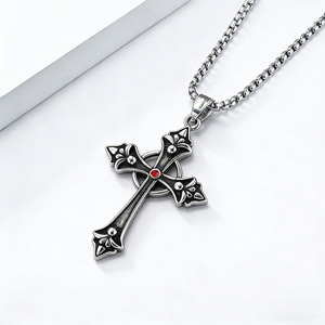 <b>Cross</b> Necklace Zinc Alloy Unisex Pendant with Red Stone Retro Style Gift Jewelry Claw Setting K-PT396 - Product Image 4