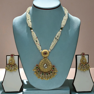 Traditional 22kGold <b>Beaded</b> Long Necklace <b>Set</b> with White Pearl Strands Kundan Pendant and Matching Earrings for Women - Product Image 3