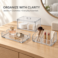 Organisateur de rangement de salle de bain en acrylique transparent résistant aux UV, ensemble de 3 pièces, boîte à couvercle, plateau, étagère à compartiments, pour maquillage, bijoux, découpe