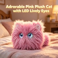 Peluche chat AI 2 couleurs, moelleuse, avec yeux LED animés, compagnon interactif multilingue chantant et racontant des histoires