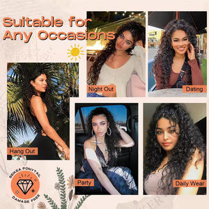 Perruque longue bouclée avec cordon de serrage pour femmes, avec ligne de cheveux naturelle, dentelle marron clair, fibre Kanekalon, perruque complète pour toutes les formes de visage - Product Image 2