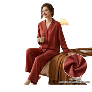Ensemble de pyjama pour femmes en modal et élasthanne, manches longues, col cranté, couleur unie, 2 pièces, vêtements de nuit et de détente - Product Image 1