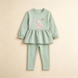 Grazioso Set Top con Peplum e Leggings con Ricamo 3D a Coniglietto, Outfit Casual con Maniche Lunghe e Volant per Bambine - Product Image 2