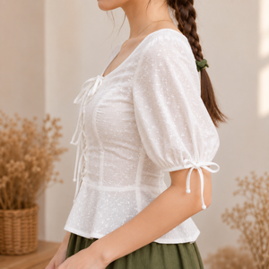 Wholesale Women's White Dot Print Cotton Blouse With <b>Balloon</b> Sleeves V-Neck Ruffles Prairie Chic Style Spring Summer Casual Top - Product Image 6