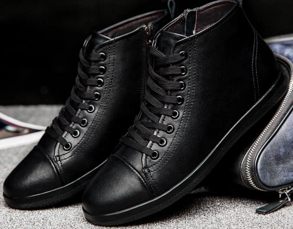 2020 fashion winter boots men shoes top layer cow leather ankle boots british casual business black blue high top lace up