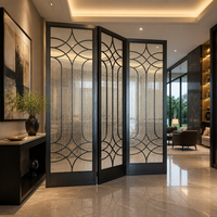 Paravent Art Déco Noir 3 Panneaux Cadre Métallique Cercles Superposés Grille en Verre Personnalisé Restaurant