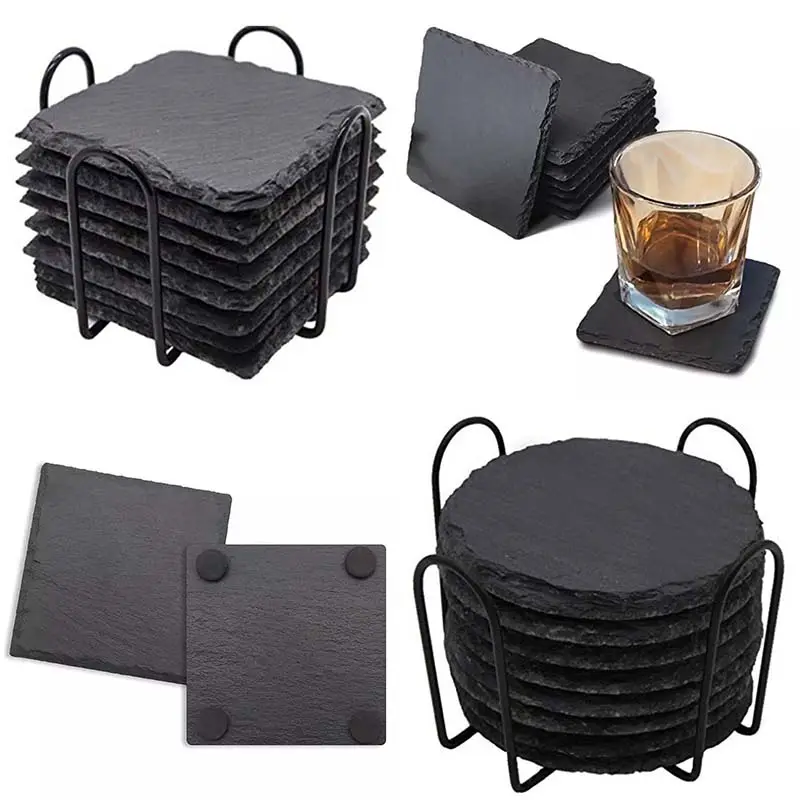 Wholesale Custom Black Slate Coaster Factory Price Slate Stone Coasters Customized Square Round Slate Coasters Set For