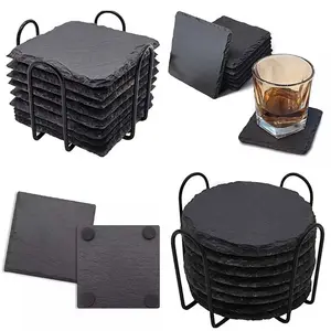 Wholesale Custom Black Slate Coaster Factory Price Slate Stone Coasters Customized Square Round Slate Coasters Set For