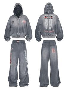 Custom Logo High Quality Vintage Washed Sun Faded Hoodie <strong>Set</strong> 100% Cotton Sun Faded Sweatpants Streetwear Tracksuit For Winter