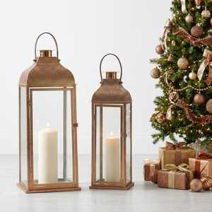 2026 Tall Large Stainless Steel Metal Candle Lanterns Hammered <b>Top</b> <b>Rose</b> Gold Finish Christmas Home Decorations - Product Image 2
