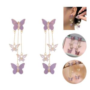 Boucles d'oreilles à pampilles papillon violettes pour femmes, élégantes boucles d'oreilles longues pendantes, bijoux de mode, cadeau de fête - Product Image 3
