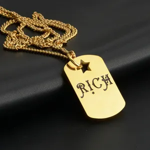 Hiphop Punk Rock Mens Necklace Waterproof Stainless Steel 18K Gold Black Enamel RICH Engraved Dog Tag Necklace for Men Boys