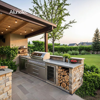 Cuisine extérieure AlunoTec, ensemble barbecue complet en acier inoxydable, îlot autoportant, comptoir avec revêtement en pierre