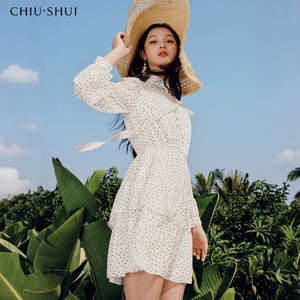 Vestido de Primavera con Cuello en V, Estilo Dulce, Brillante, con Lunares, Cintura Elástica, Antiestático, Simple y Versátil - Product Image 1