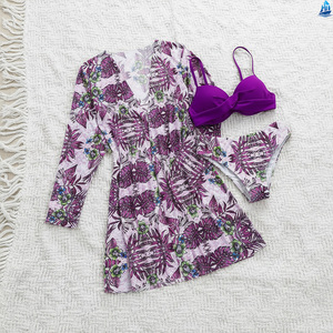Ensemble <span class=keywords><strong>de</strong></span> bikini 3 pièces pour femmes, imprimé tropical, <span class=keywords><strong>maillot</strong></span> <span class=keywords><strong>de</strong></span> <span class=keywords><strong>bain</strong></span> <span class=keywords><strong>push</strong></span>-<span class=keywords><strong>up</strong></span> avec paréo à manches longues pour les vacances d'été - Product Image 4