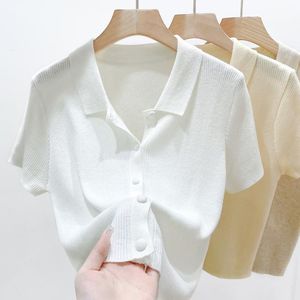 Top Corto Estivo Vintage da Donna a Maniche Corte, Maglia a Collo Alto con Bottoni, Sottile e Traspirante - Product Image 2