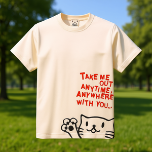 T-shirt SCOPY a maniche corte con stampa gatto, colore naturale, design 'Take Me Out Anytime Anywhere With You' - Product Image 3