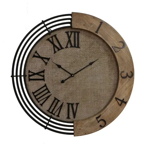 Horloge murale en bois avec chiffres romains, noirs et ronds en métal mat, grande décoration artistique, romaine et numérique Unique, ferme industrielle