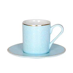 KING'S Porcelain Custom Factory Supplier 90cc Light Blue Embossed Decal Espresso Turkish Ceramic Coffee Cup Set