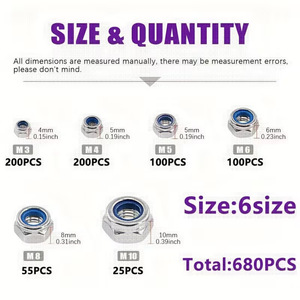 Baiguluo Nuts 680Pcs DIN985 Nylon Hex Locking Nuts Grade A Zinc Plated Carbon Steel <b>Fasteners</b> Set - Product Image 2