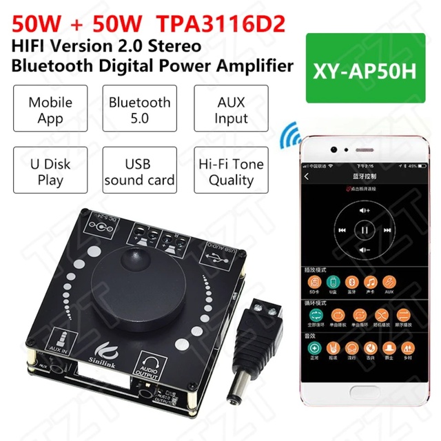 2*50W BT 5.0 Speaker Class D Audio Power Amplifier 30W~200W HiFi Stereo Mini USB Music Sound Card App Digital AMP