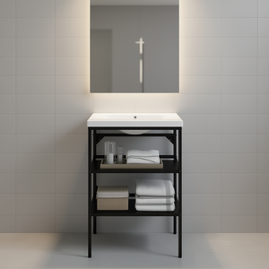 Marco de Lavabo de Hierro Negro para Baño con Estantes, 24 Pulgadas de Ancho, Diseño Minimalista Independiente - Product Image 2