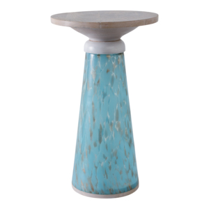 Mesa auxiliar moderna de vidrio con superficie de madera y base azul marmoleada para sala de estar o dormitorio - Product Image 4