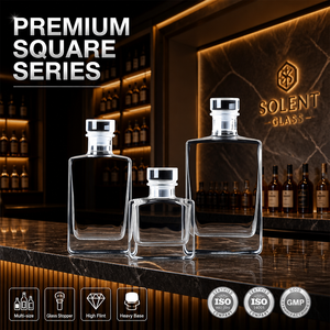 Bouteille en verre carrée de luxe Solent, vente en gros, 200ml, 375ml, 500ml, bouteille à spiritueux à fond épais avec bouchon en verre pour whisky et <span class=keywords><strong>gin</strong></span> - Product Image 1