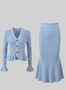 ชุดกระโปรงสองชิ้นสำหรับผู้หญิงชุดกระโปรงยาวถักแขนยาวคอวีสินค้ามาใหม่ - Product Image 5